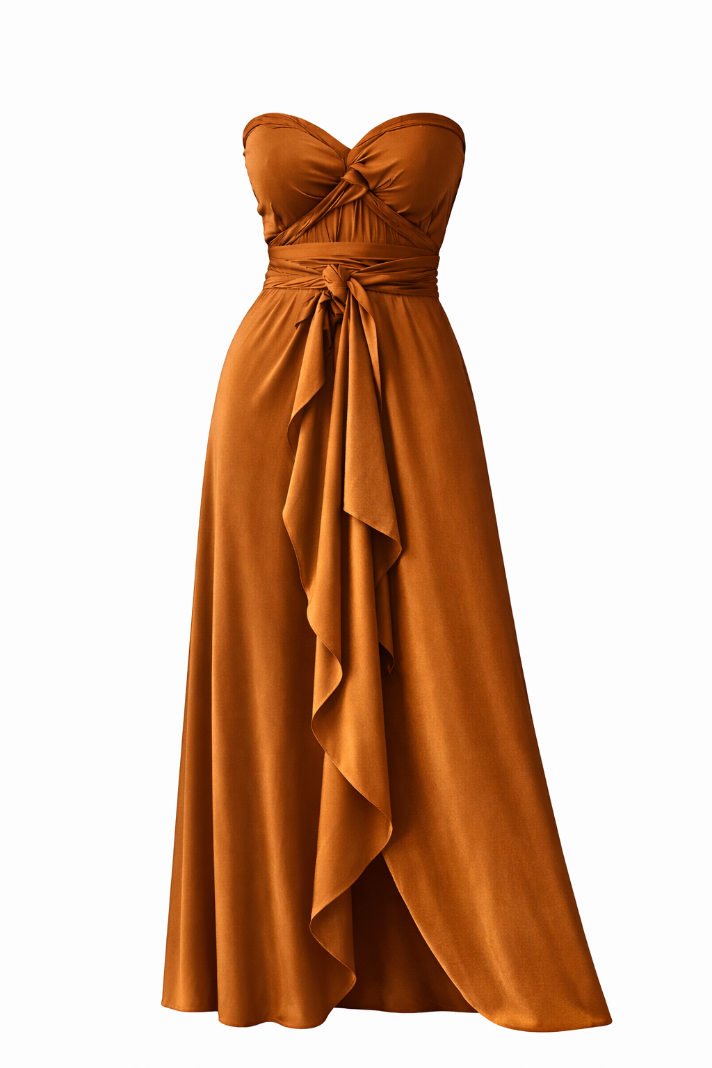 Bronze strapless gown with a tie detail on a white background