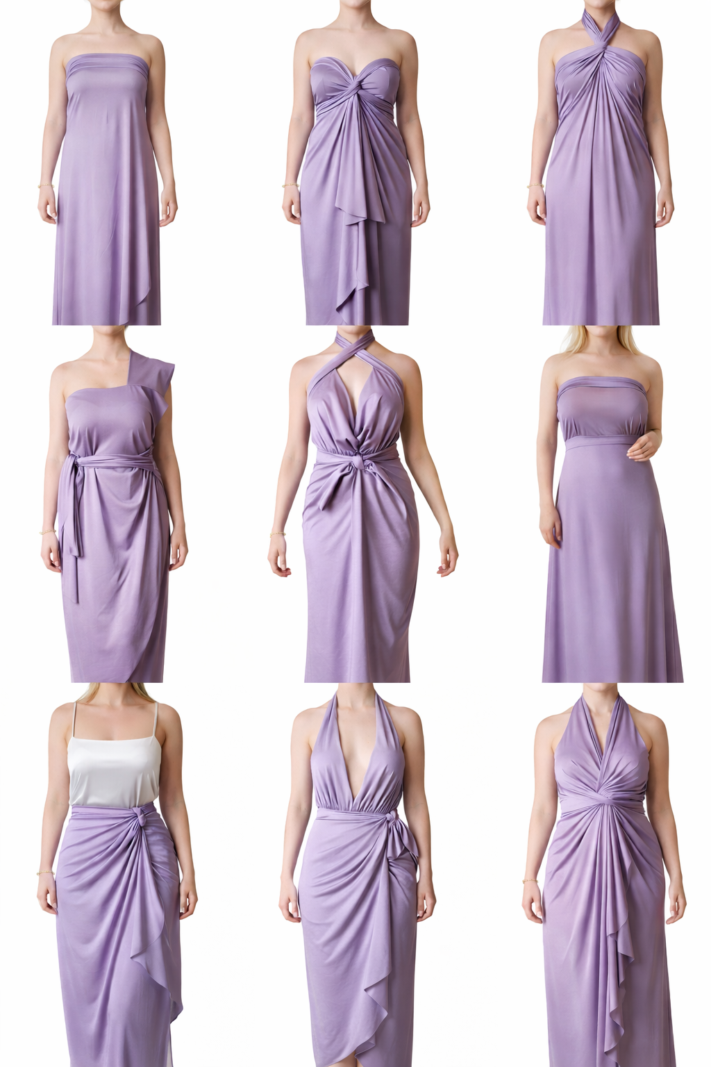 Illustrating 9 ways the dress can be worn. 