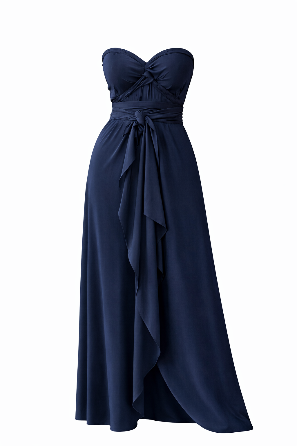Navy blue strapless gown with a bow detail on a white background