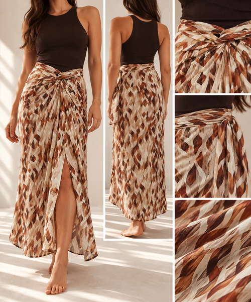 A woman modeling a long wrap-style maxi skirt with a brown and beige abstract pattern, shown in a front view, back view, and two close-up detail panels. She is wearing a dark brown sleeveless top against a bright indoor background with sunlight and shadows.